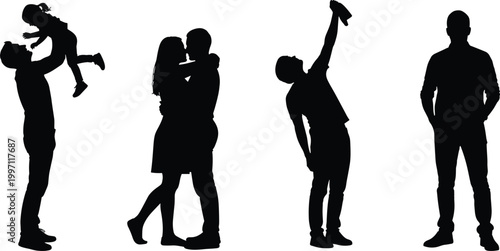 Silhouettes of people in family and social interaction poses showing unity bonding love gesture and expressive posture illustration