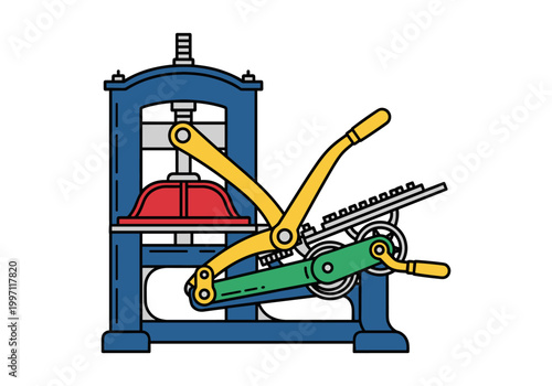 Vintage printing press machine with levers and gears in flat design style
