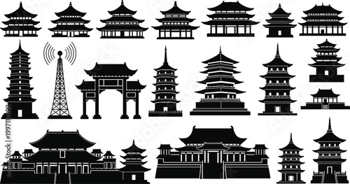 Traditional East Asian architecture silhouettes featuring pagodas temples gates and cultural landmarks representing heritage design and artistic illustration