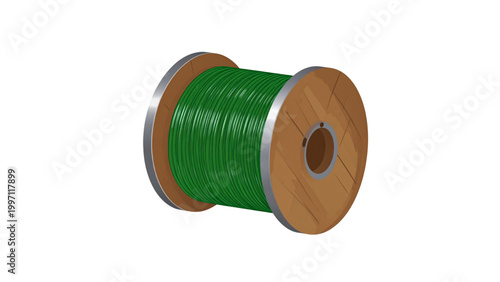 Green electrical cable wound on a wooden spool ready for use Vector