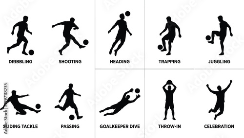 soccer player actions icons in black silhouette