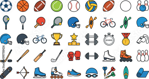sports equipment icons set in black and white