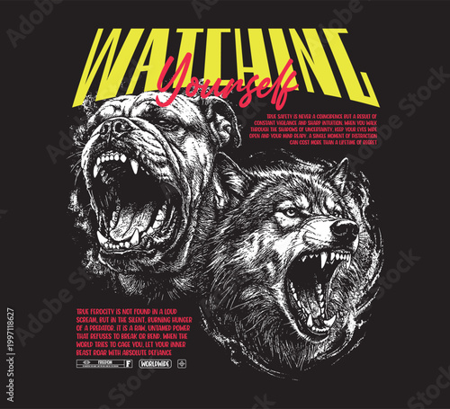 Vector illustration streetwear of dogs and wolves and sneak text for T-Shirt design with slogan and distortion artwork