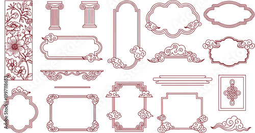 Collection of traditional oriental decorative frames with chinese cloud patterns floral borders and classical architectural columns for elegant cultural designs vector illustration
