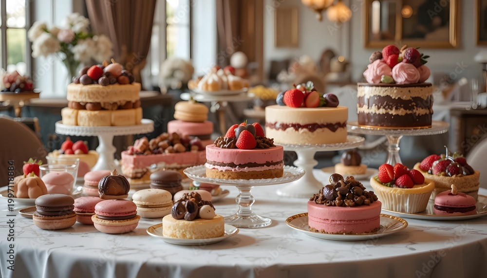 Fototapeta premium Luxury Dessert Table with Macarons Chocolate Truffles and Strawberry Tarts
