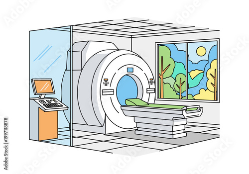Modern MRI scanner room with a view of a vibrant forest landscape