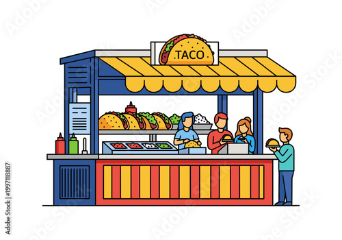 Taco stand with customers ordering and receiving delicious Mexican food