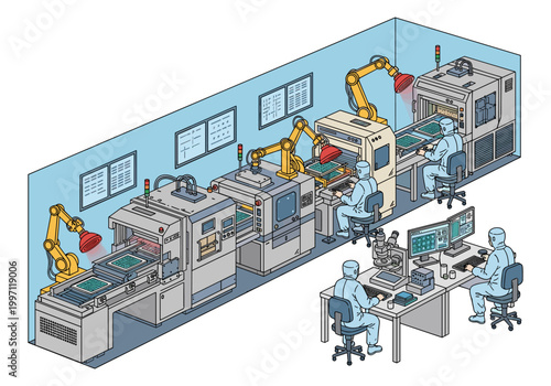 Automated electronics manufacturing facility with robotic arms and cleanroom personnel