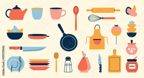 Collection of colorful modern kitchen tools and cooking utensils icons set featuring minimalist flat design elements for culinary themed vector illustration
