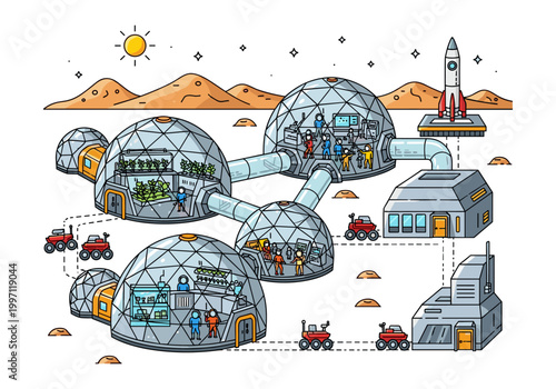Illustration of a futuristic Mars colony with interconnected biodomes and rovers