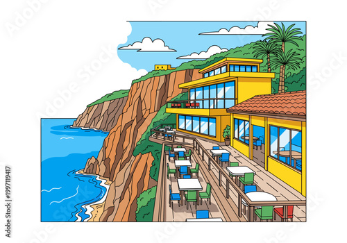 Modern yellow restaurant perched on a cliff overlooking the ocean