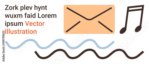 Email, communication, music streaming, abstract designs, digital messaging, creative marketing. Envelope icon, musical note waves and text on white background. Email and communication theme