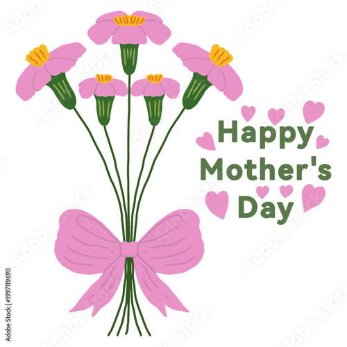 Happy mother's day pink marigold flower bouquet vector with ribbon and hearts illustration