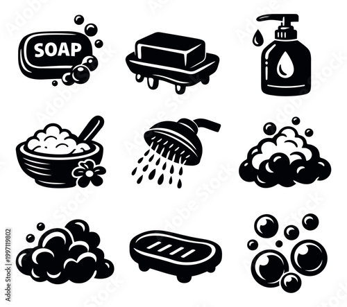 Modern graphic bathroom and hygiene icon set featuring various soap products, shower, and bath elements for personal care and spa concepts