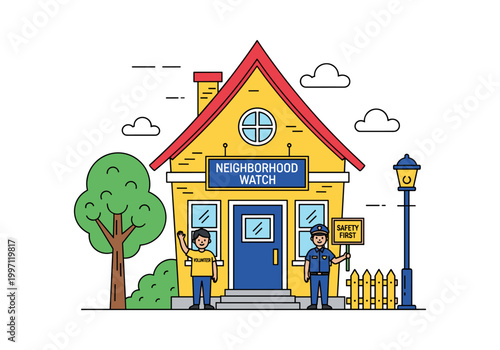Neighborhood watch volunteers and police officer ensure community safety and security