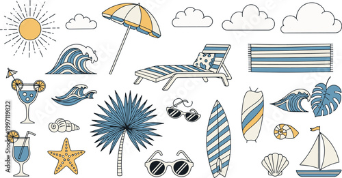 Tropical summer beach holiday icons set with sun surfboards cocktails and nautical elements for vacation travel design and seasonal vector illustration