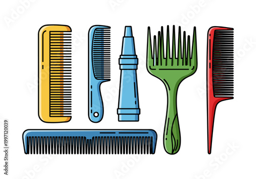 Collection of colorful hair combs and styling tools arranged on a white background