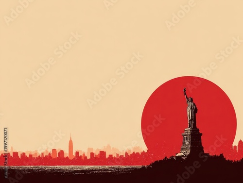 Detailed Statue of Liberty silhouette on a hill overlooking New York City and a large red sun