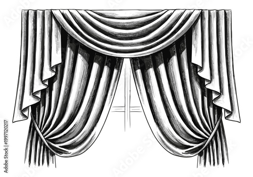 Elegant draped curtains with a swag valance and tie-backs in a sketch style
