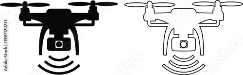 Drone icon set collection group, quadcopter UAV silhouette outline vector pack, aerial camera technology flying device symbol, flat and line style black icons isolated on transparent background