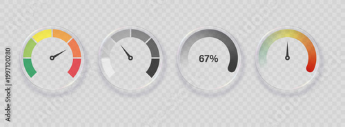 Collection of realistic round glass measuring indicators with various chart display systems. Vector 3D illustration.