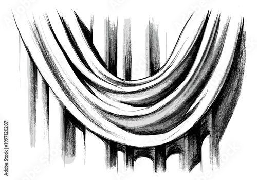 Abstract black and white sketch of draped fabric and architectural columns