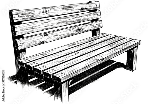 Detailed ink sketch of a rustic wooden park bench with strong shadow