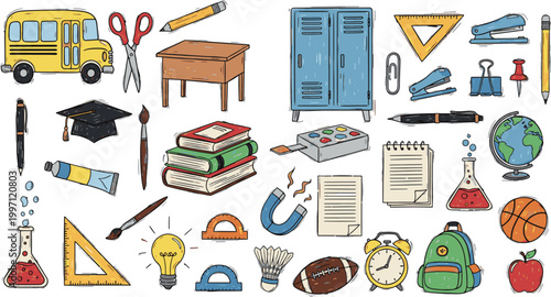Hand drawn back to school supplies set with yellow bus books locker backpack and science equipment doodle style vector illustration