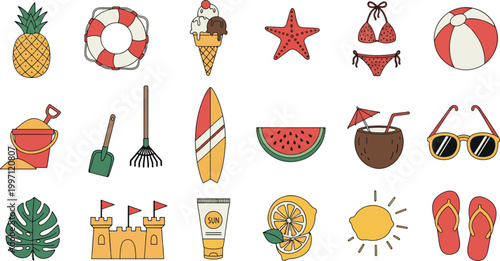 Tropical summer beach icons collection with sandcastle pineapple surfboard flip flops and vacation elements for seasonal holiday travel design vector illustration