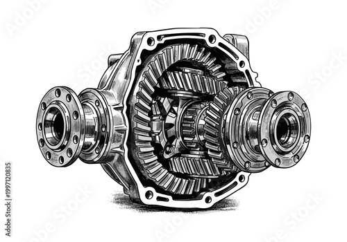 Detailed illustration of a car differential with exposed gears and housing