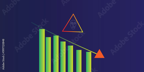 Market crash warning background with falling bar chart and downtrend line, danger triangle skull icon, financial risk and recession analytics concept template