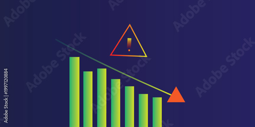 Financial warning and market decline chart with falling bars and downtrend line, risk alert triangle icon, business loss analytics background template