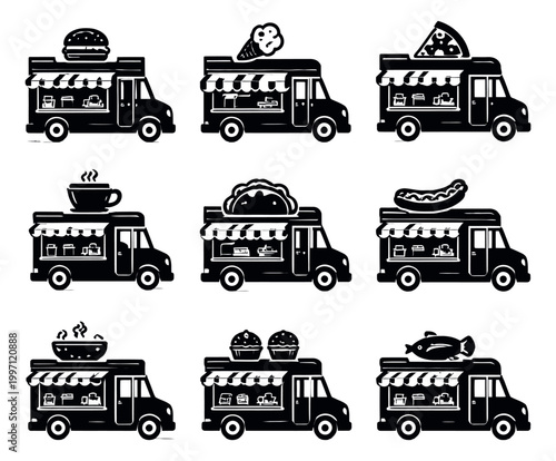 Line art food truck icon set featuring burgers, ice cream, pizza, coffee, tacos, hot dogs, soup, cupcakes, and fish for street food businesses