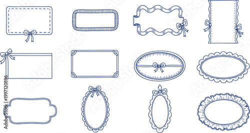 Collection of elegant hand drawn blue border frames with decorative ribbons and bows for greeting cards and invitations vector illustration