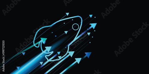 Futuristic rocket launch with upward arrows on black background, neon blue startup growth and innovation concept, business success banner template