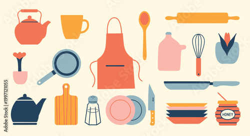 Kitchenware collection with cooking tools apron kettle teapot and baking equipment in colorful flat design style for culinary projects vector illustration