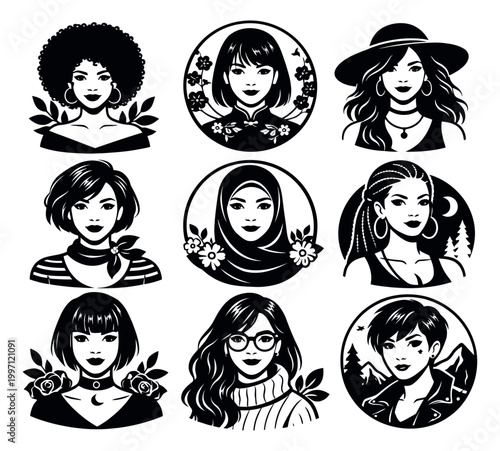 Line art women avatar set featuring diverse female portraits for user interfaces