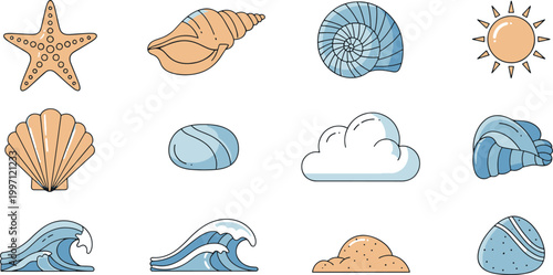 Collection of beach icons featuring sea shells starfish ocean waves sun clouds and sand for summer holiday design projects vector illustration