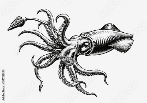 Detailed ink illustration of a colossal squid with tentacles and suckers