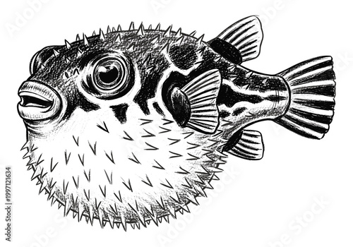 Detailed black and white illustration of a spiky pufferfish with large eyes and open mouth