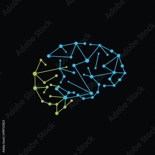 Neural network diagram with glowing blue and green nodes connected by lines on dark background featuring connections, data flow, machine learning