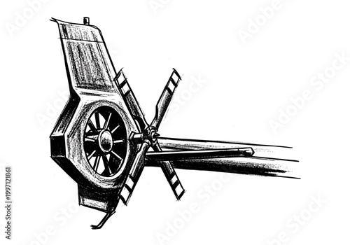 Detailed sketch of a helicopter tail rotor and fan assembly in black and white