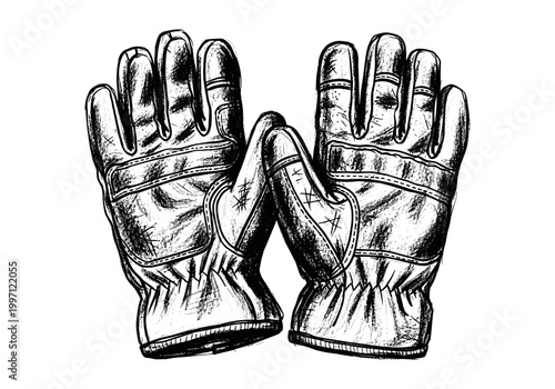 Detailed sketch of a pair of rugged leather work gloves on a white background