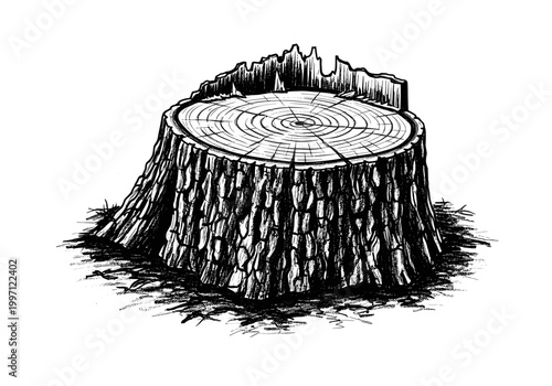 Detailed black and white illustration of a rough tree stump with visible rings and bark texture