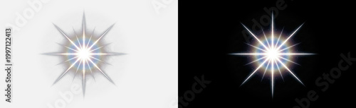 Foto White 8-point starburst flare isolated on transparent background, silver symmetr