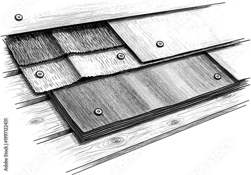 Detailed illustration of layered roofing shingles being fastened to wooden planks