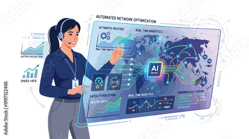 Automated Network Optimization with AI Engine Illustration Featuring Telecom Worker and Global Data Connections