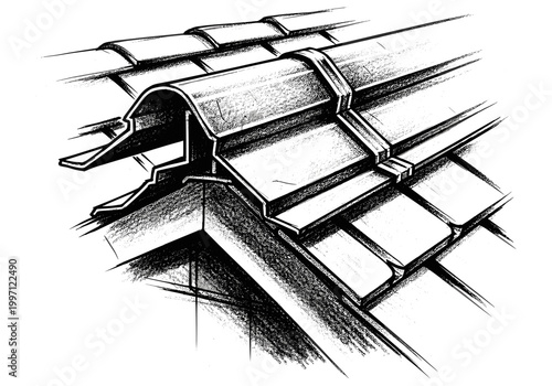 Detailed architectural sketch of interlocking roof tiles and gutter system