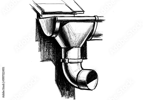 Detailed sketch of a house's gutter system and downspout with elbow