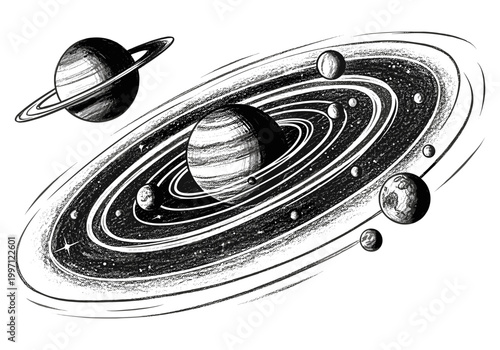 Stylized illustration of planets orbiting a star in a cosmic galaxy